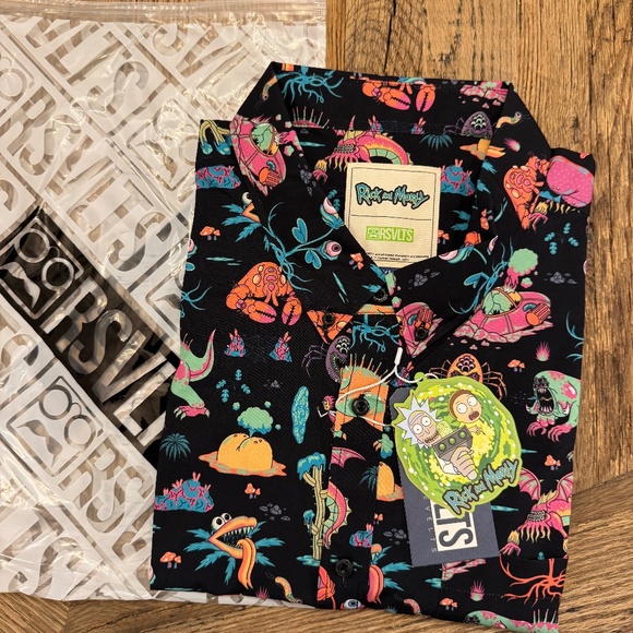 RSVLTS x Rick and Morty Monster Run Men’s 3XL  Black AOP S/S Button Down Shirt - Picture 1 of 7